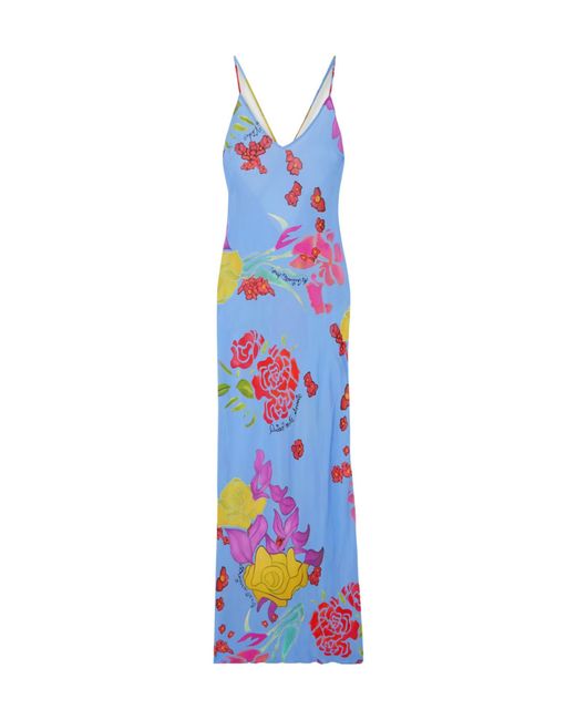 Donde Esteban Blue Cielo Floral-Print Satin Maxi Dress