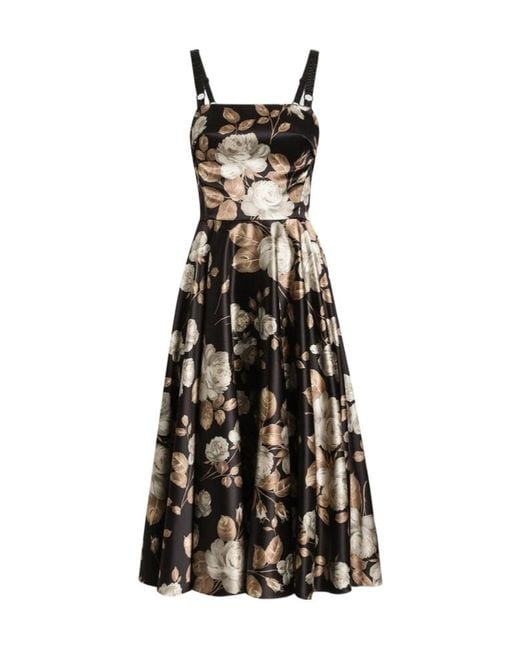Dolce & Gabbana Black Rose-Print Satin Midi Dress