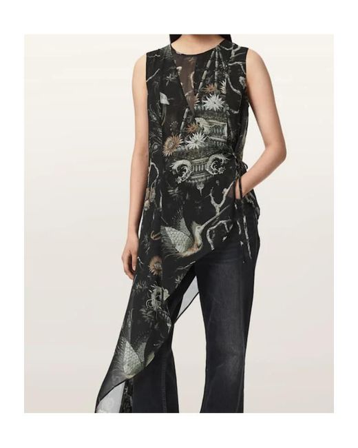 AllSaints Black Asymmetric Print Wrap Top