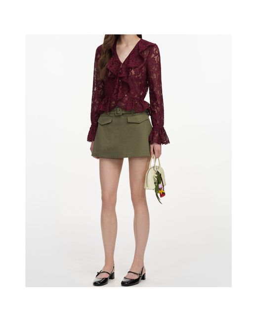 Self-Portrait Red Ruffled Lace-Overlay Top
