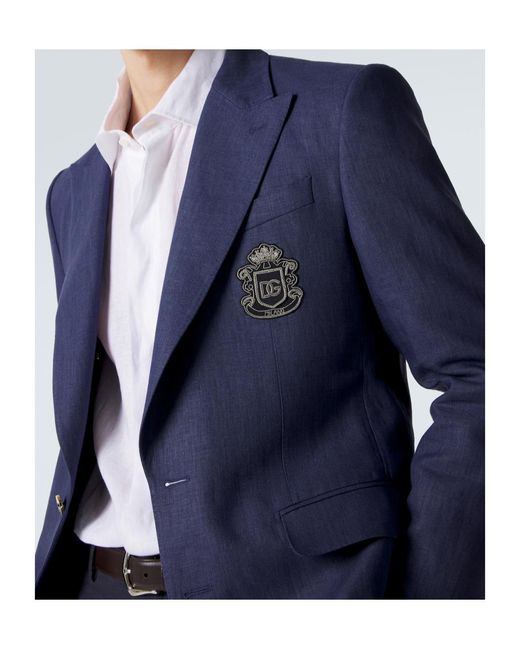 Dolce & Gabbana Blue Logo Single-Breasted Linen Blazer for men