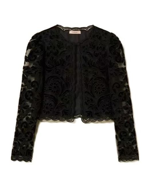 Twinset Black Lace-Floral Scalloped Hem Cardigan
