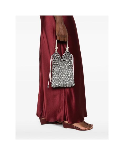 Staud White Karla Beaded-Mesh Drawstring Tote Bag