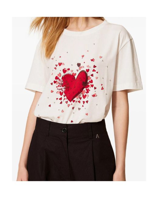 Twinset White Heart-Print Rhinestone T-Shirt