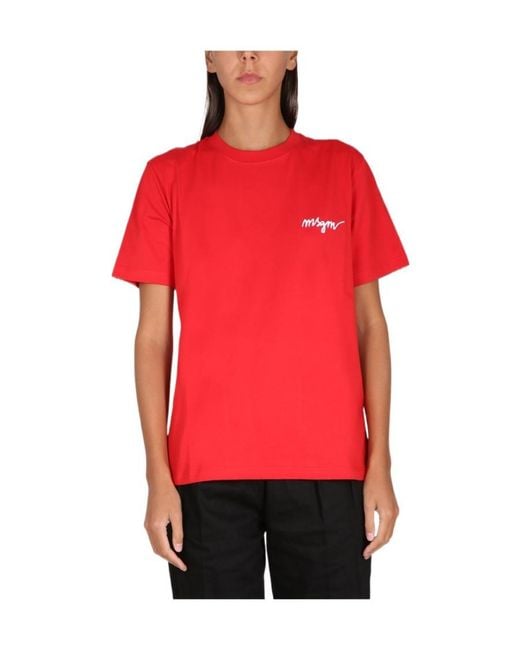 MSGM Red Chest-Logo Crew Neck T-Shirt