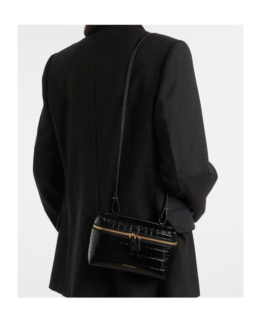 Victoria Beckham Black Crocodile-Embossed Leather Zip Shoulder Bag