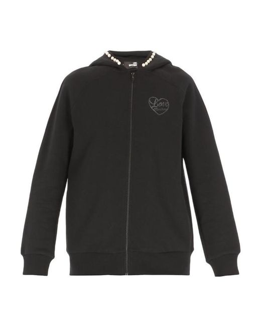 Moschino Black Faux-Pearl Zipped Fleece Hoodie