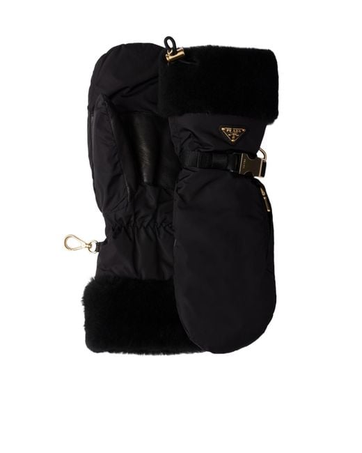 Prada Black Re-Nylon And Shearling Mittens