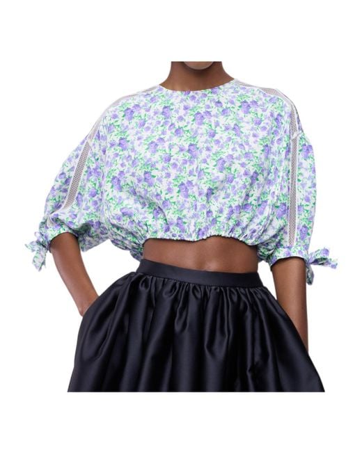 Rabanne Blue Floral Puff-Sleeved Crop Top