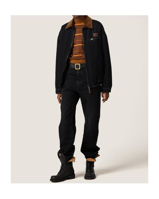 Miu Miu Black Logo-Patch Zipped Denim Padded Jacket