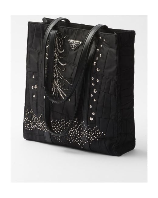 Prada Black Medium Re-Nylon Patchwork Tote Bag With Embroidery