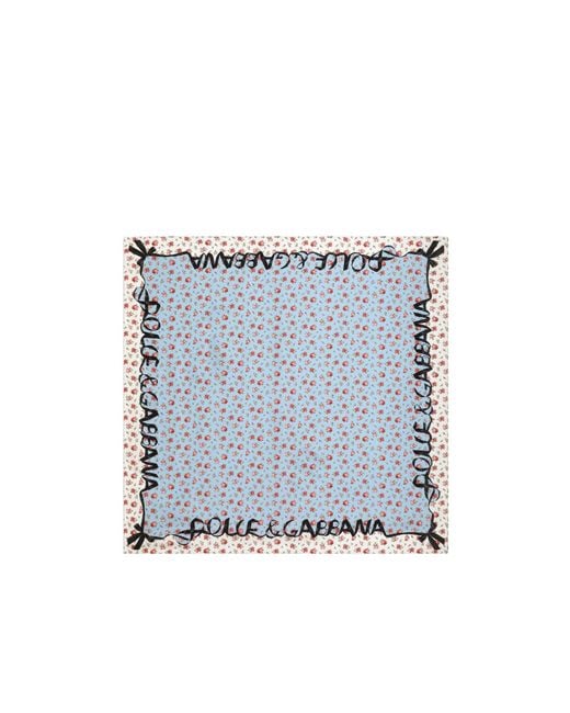 Dolce & Gabbana Blue Small Rose-Printed Twill Scarf