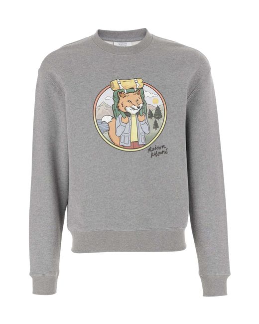 Maison Kitsuné Gray Maison Kitsuné Fox Printed Crewneck Sweatshirt for men