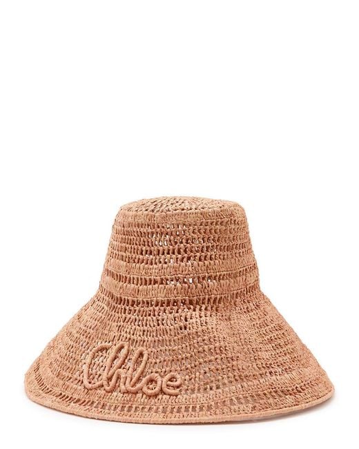 Chloé Brown Solid Logo Raffia Hat