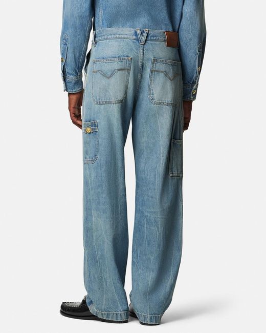 Versace Blue Logo Patch Cargo Jeans for men