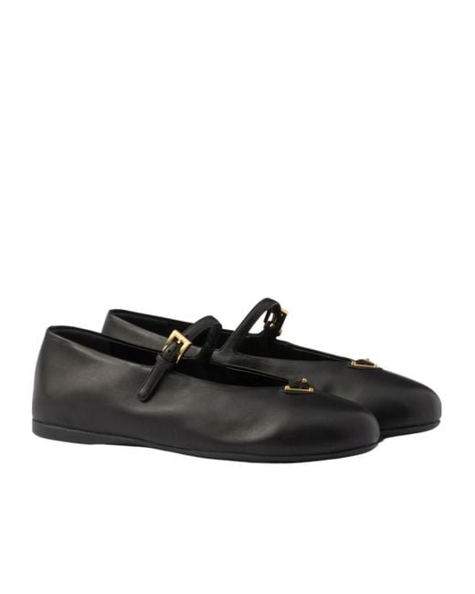 Prada Black Logo Detailed Round-Toe Ballerina Shoes