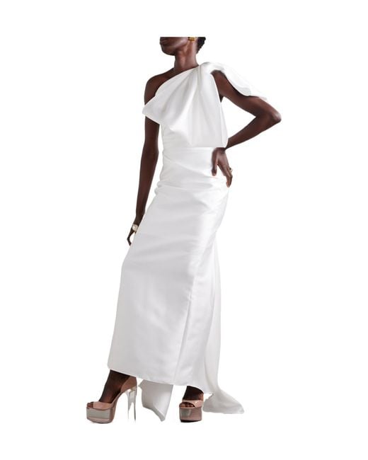 Solace London White Priya One-Shoulder Gathered Satin-Twill Gown
