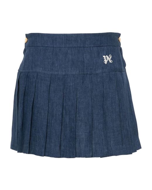Palm Angels Blue Logo-Embroidered Pleated Mini Skirt
