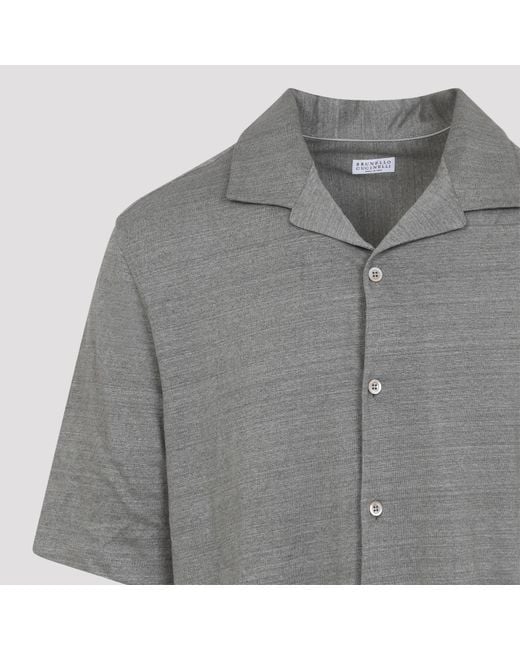 Brunello Cucinelli Gray Linen And Cotton Mélange Jersey Short Sleeve Shirt With Camp Collar for men