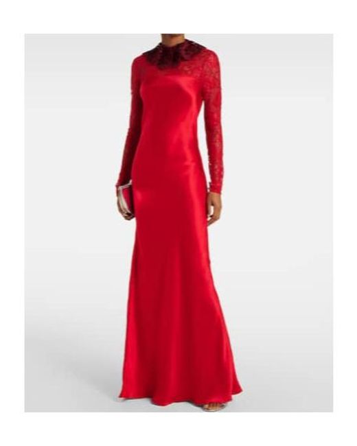 Rodarte Red Lace-Trimmed Silk-Blend Satin Gown