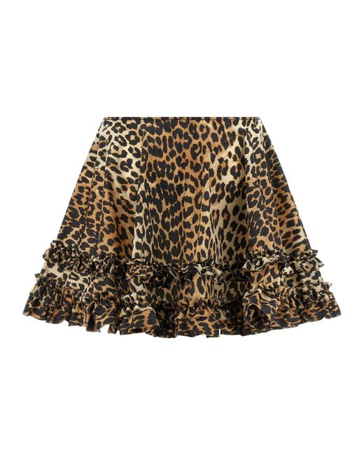 Ganni Natural Leopard Printed Duchesse Mini Frill Skirt