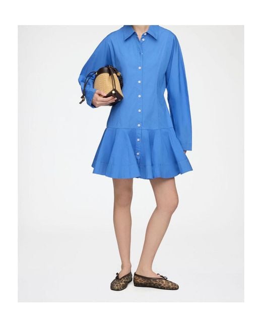 Ganni Blue Button-Up Flared Mini Dress