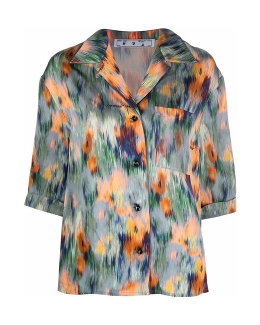 Off-White c/o Virgil Abloh Blue Abstract-Print Bowling Shirt