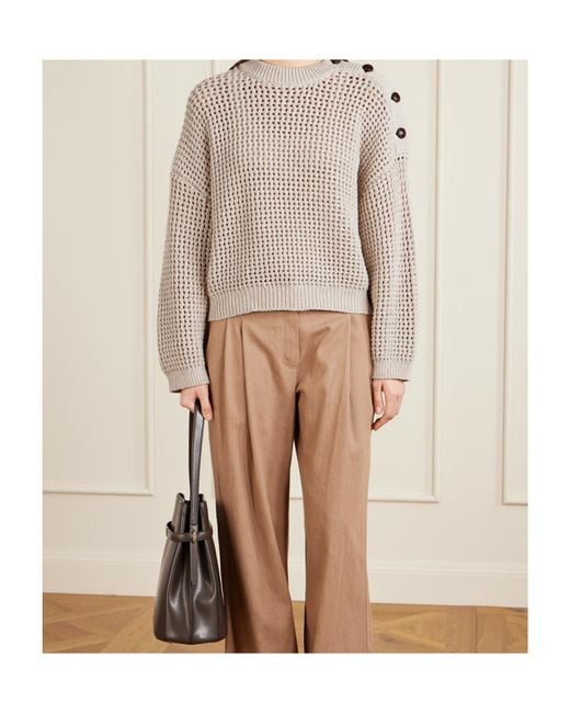 Brunello Cucinelli Brown Button-Detail Waffle-Knit Sweater