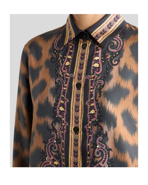 Etro Brown Silk Twill Shirt With Animal Motif