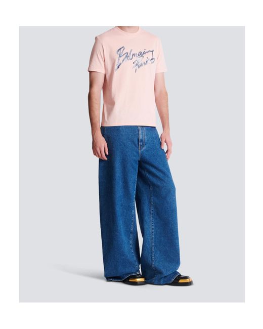 Balmain Pink Printed Cotton T-Shirt for men