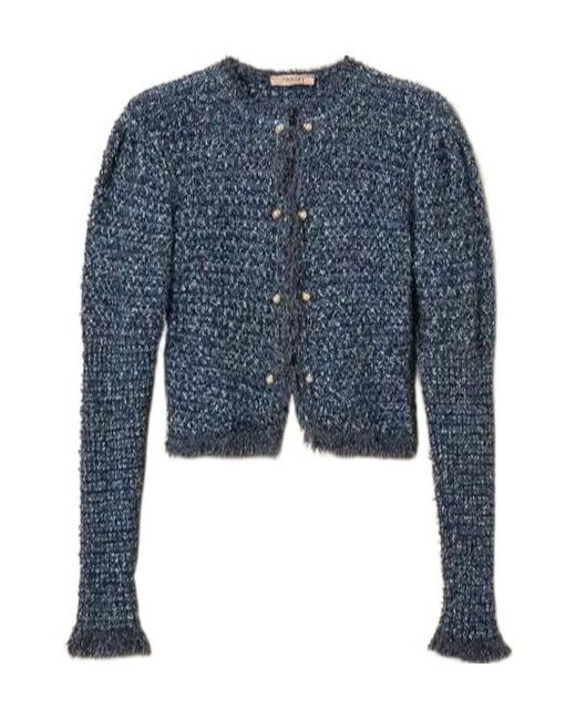Twinset Blue Jacquard Fringed Jacket