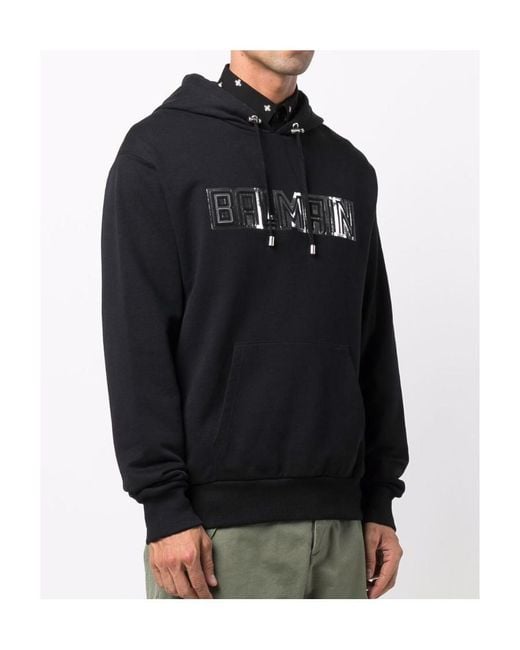 Balmain Black Cotton Sweatshirt With Embossed Paris Logo Print for men