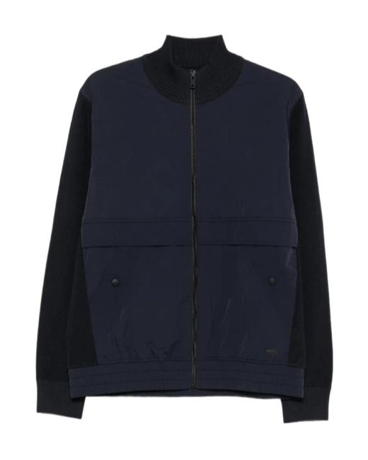 Boss Blue Knitted-Panel Zip-Up Jacket for men