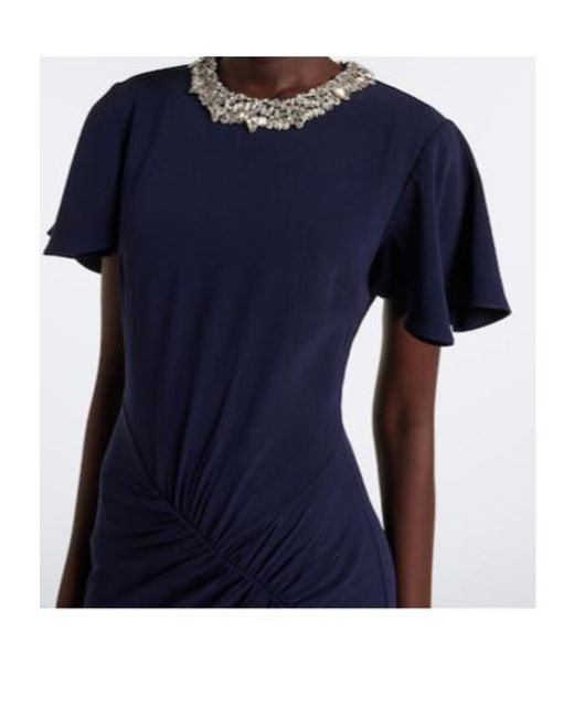 Roland Mouret Blue Crystal-Embellished Gathered Gown