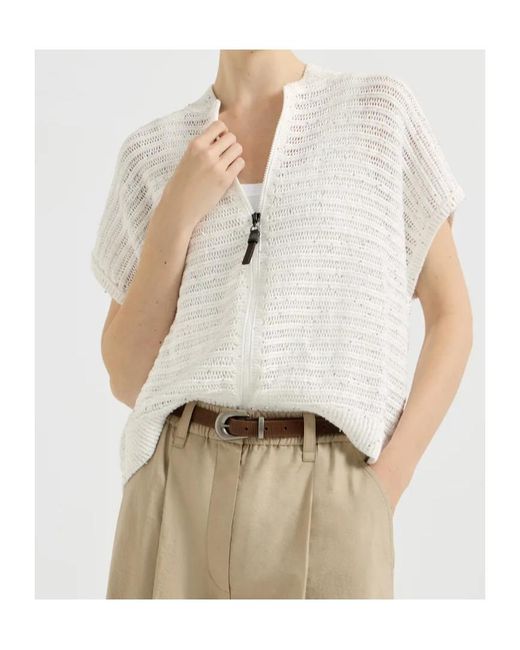 Brunello Cucinelli White Linen Diamond Yarn Cardigan With Openwork Stripes And Shiny Zipper Pull
