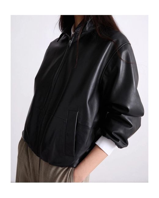 Marella Black Shirt Collar Leather Jacket