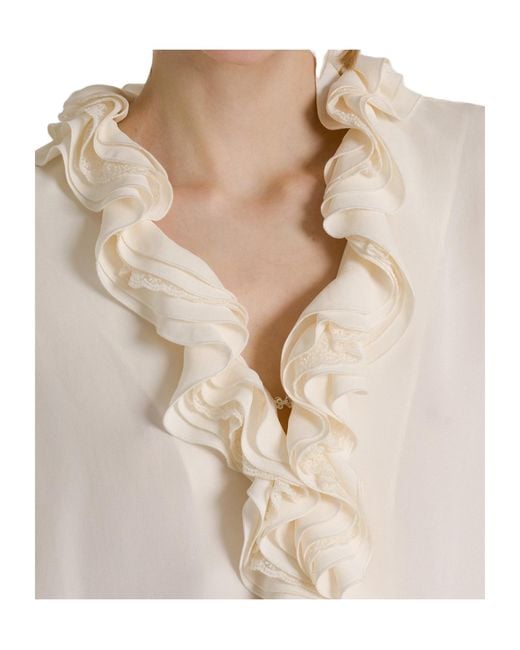 Alberta Ferretti White Fluid Blouse With Sculptural Ruffled Collar