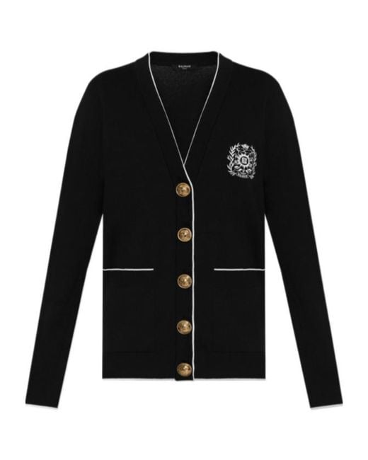 Balmain Black Emblème-Embroidered Knit Cardigan