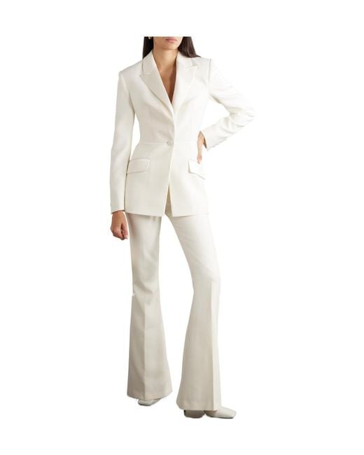 Safiyaa White Stretch Crepe Blazer With Satin Trim