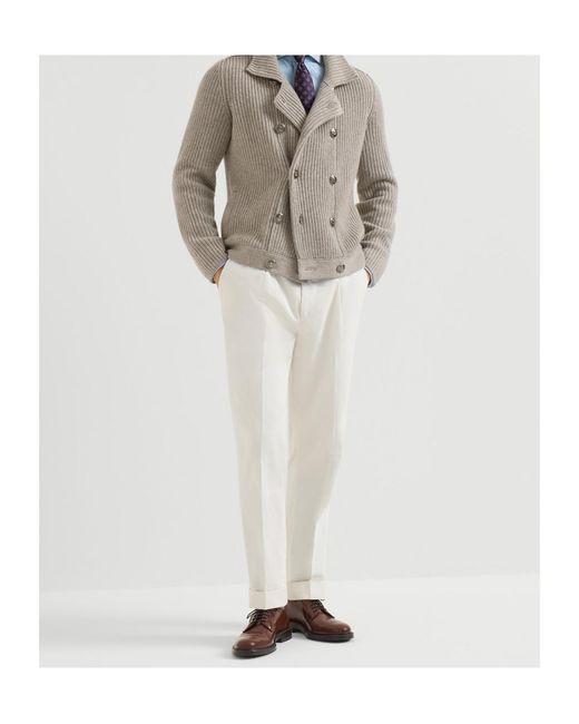 Brunello Cucinelli White Sea Island Cotton Narrow Wale Corduroy Trousers With Pleat for men