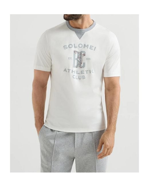 Brunello Cucinelli White Graphic Printed Crewneck T-Shirt for men