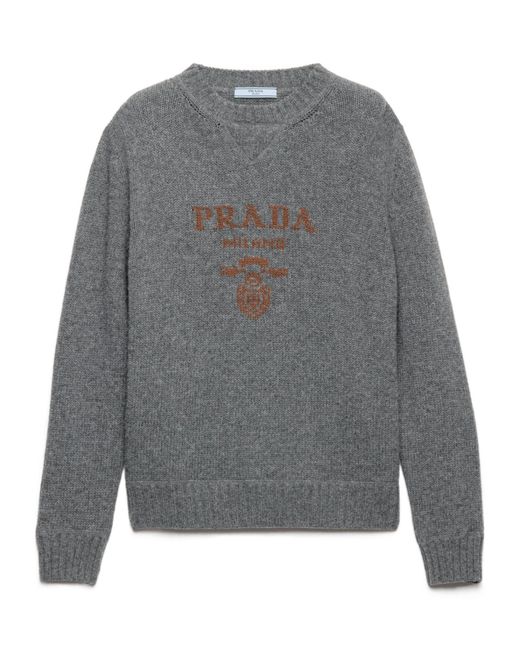 Prada Gray Logo-Intarsia Crewneck Jumper