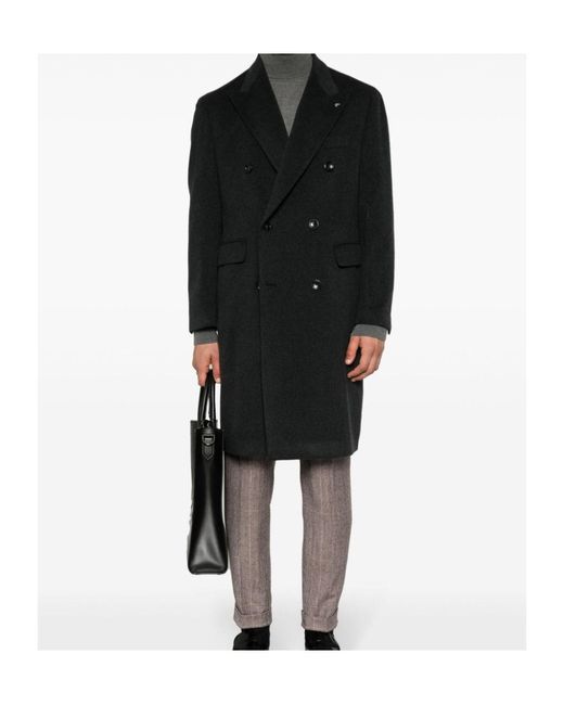 Tagliatore Black Peak-Lapels Double-Breasted Coat for men