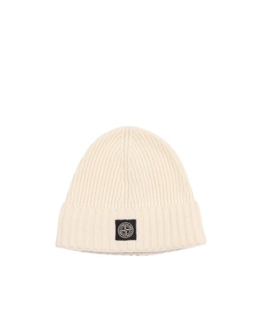 Stone Island Natural Junior Logo Patch Ribbed Beanie