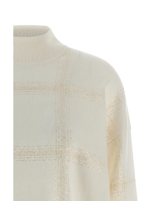 Brunello Cucinelli White Sequin Embellished Turtle Neck Knitted Jumper