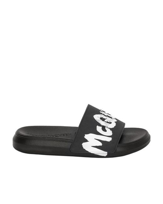 McQueen Black Grafitti Logo Printed Slip-On Slides for men