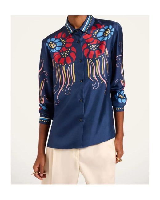 LaDoubleJ Blue Lemuria Placée Floral-Print Button-Down Silk Shirt