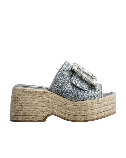 Roger Vivier Gray Strass Buckle Platform Espadrilles Mules