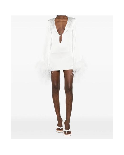 Oseree White Feather-Trim Mini Dress