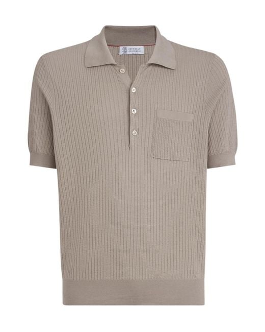 Brunello Cucinelli Gray Ribbed Lightweight Knitted Polo Shirt for men